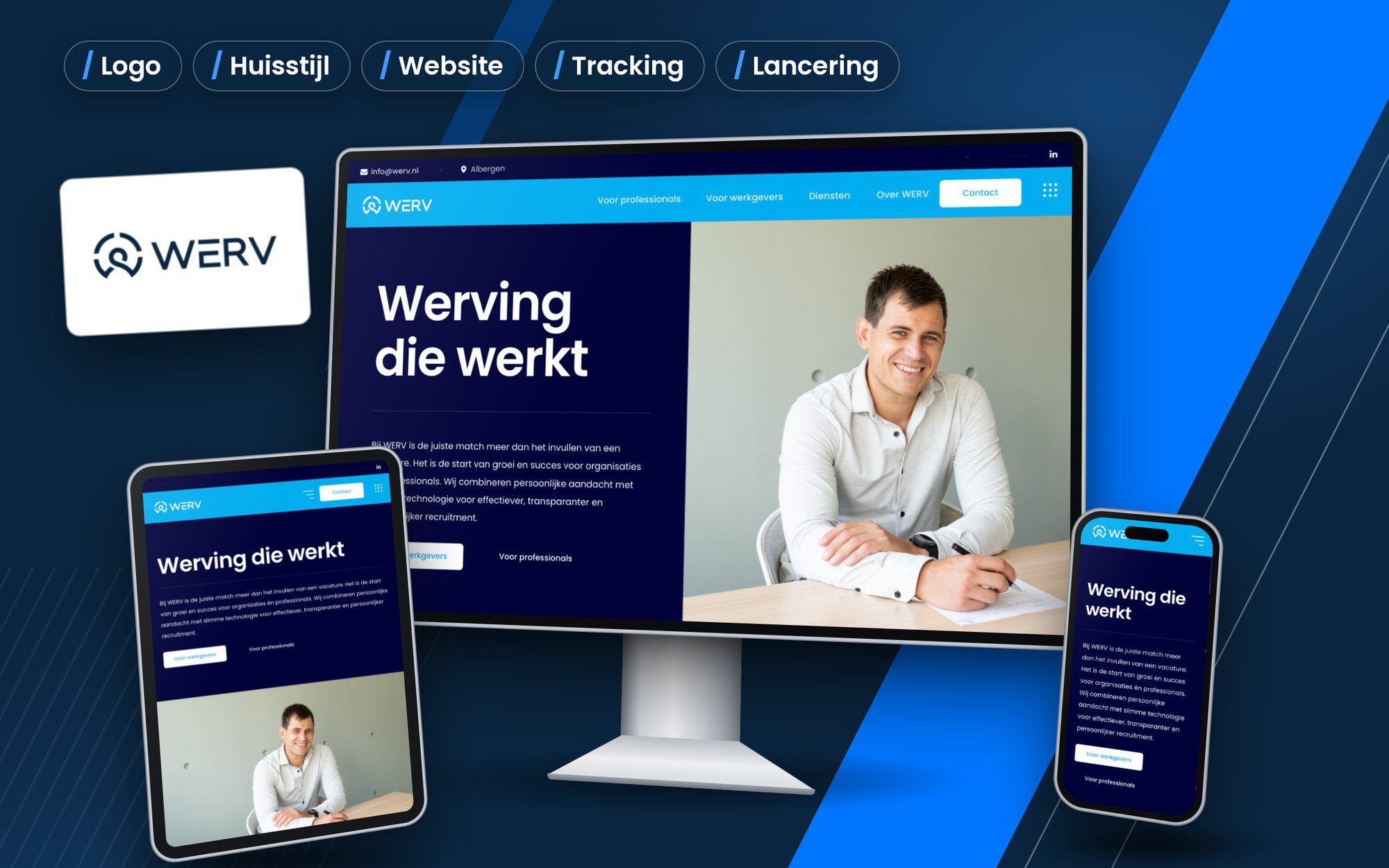 Website van WERV op beeldscherm, tablet en telefoon met de geleverde diensten