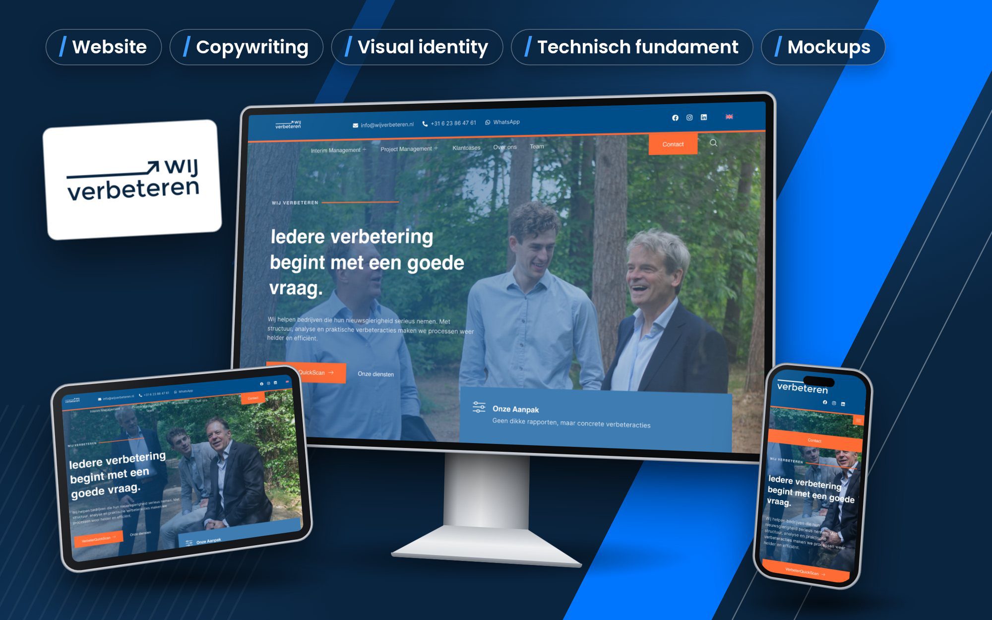Website van Wij verbeteren op beeldscherm, tablet en telefoon met de geleverde diensten